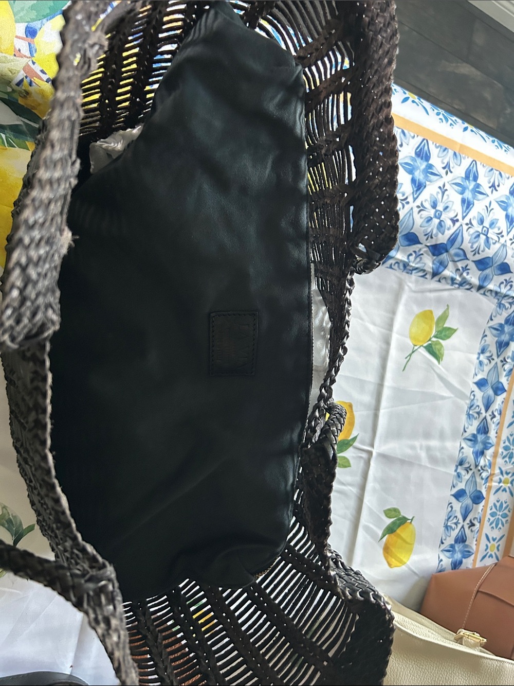 La Vie Black Woven Genuine Italian Leather Tote Bag with Top Handles and insert - Picture 3 of 7